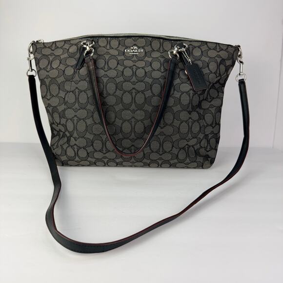 EUC Coach Kelsey Large Zip Signature Canvas Black/Grey Silver Satchel Purse - Picture 1 of 12